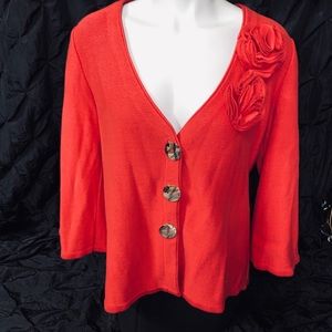Woman’s Cardigan Sweater 1X Orange Geography Floral Button Up with Embellishment